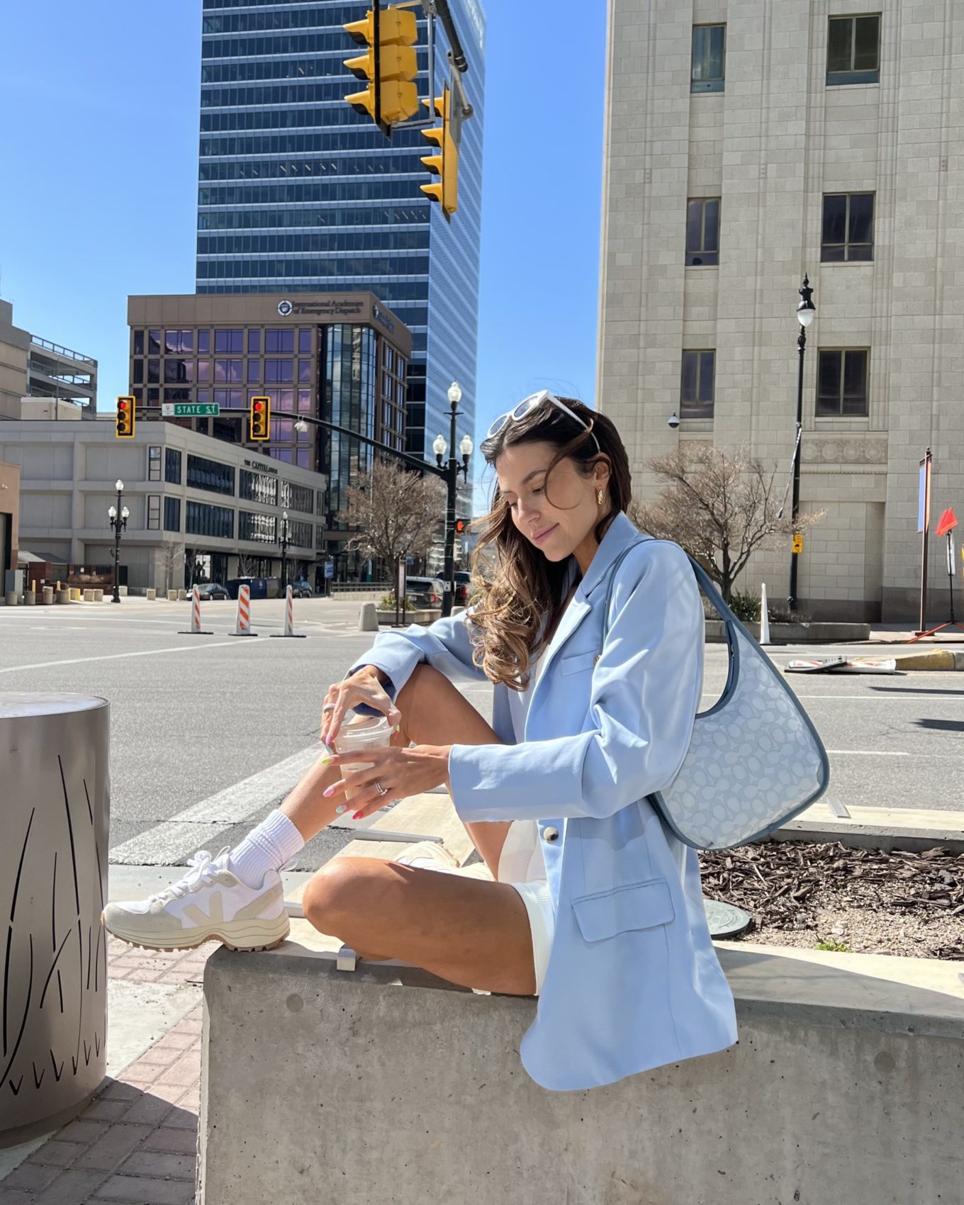 amazon blazer, activewear, spring blazer, pastel blazer, cream set, cream ribbed set, under $60, coach bag, veja sneakers